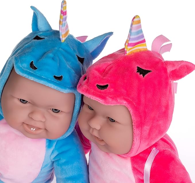 JC Toys Lots to Cuddle Babies 12-inch Small Soft Twin Baby Dolls Unicorn Theme| Washable | Pink and Blue | Includes Play Unicorns, Bottles, Pacifiers| for Children 12 Months +