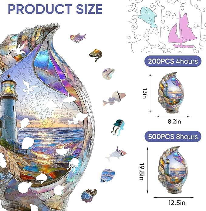 Wooden Puzzles for Adults, Shell Landscape Jigsaw Puzzles 500 Pieces, Unique Shape Puzzles for Adults and Kids, 19.8 x 12.5 Inches Medium Size, Fun Challenging Puzzles Family Game