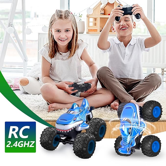 Monster Truck Toy, Shark Remote Control Car, 2.4Ghz Rchargeable Rc Truck with Music,Lighting Effect,360° Rotating Stunts RC Car Toy for Kids 3-5 6 7 8-12
