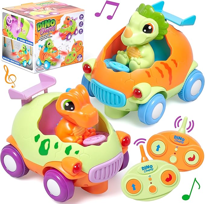 PREXTEX Dino Remote Control Car - Cartoon Style Dinosaur Remote Car with Music and Lighting - Disassemblable and Assemblable - Forward and Rotational Movement - Plastic - Multi-Color