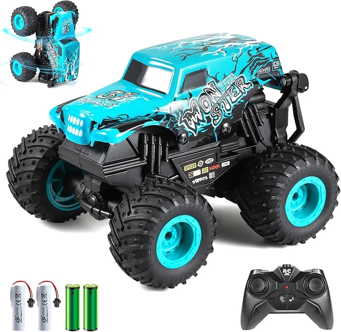 Remote Control Car, 2.4Ghz All Terrain Monster Truck Toys, RC Truck with Music, 3 Lighting Effects, 360 Stunt Capable, All Included Ready to Run, Toy Gifts for Boys and Girls (Blue)