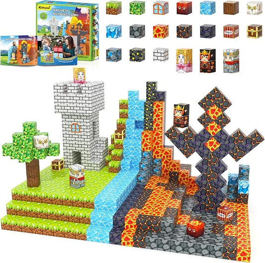 100PCS Magnetic Blocks -Build Mine Magnet World Forest & Lava Set, Magnet Building Toys for Kids Ages 5-7, STEM Sensory Toddler Toys for 3+ Year Old Boys & Girls, Creativity Birthday Gifts for Child