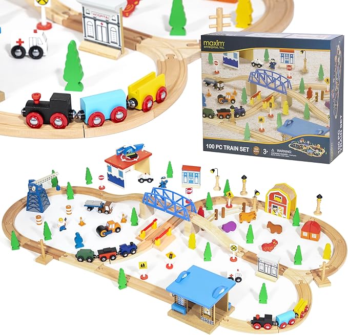 inc. 100 Pc Wooden Train Set, Wood Tracks, Bridges, 2 Trains, Helicopter, Buildings, Police Car, More Railway Accessories Compatible with Thomas & Friends, Brio, Other Major Brands