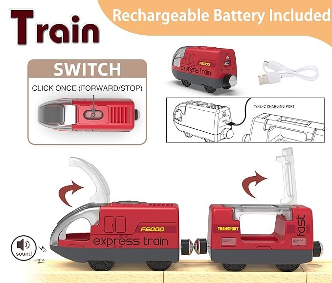 Remote Control Locomotive Train with Tunnel for Wooden Tracks, Motorized Train Toy Compatible for Thomas, Brio, Chuggington