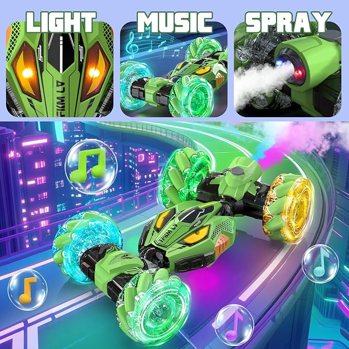Gesture Sensing RC Stunt Cars - Toys for Boys Girls 6-12 | Best Gifts for Kids 6-12 Years Old | 4WD 360° Rotating Remote Control Transform Car | All-Terrain Off Road Vehicle with Lights Music Green