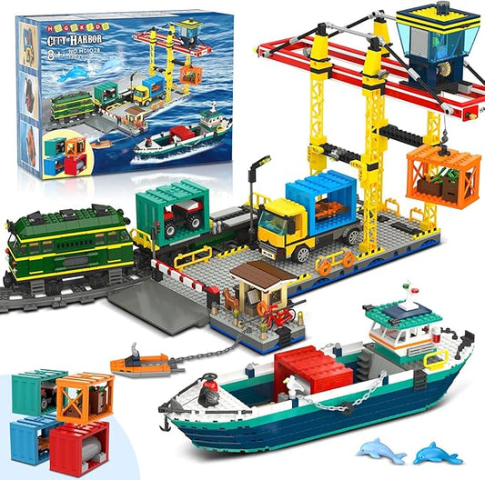 HOGOKIDS City Wharf Building Set with Crane - Includes Ship Train Truck, 4 Containers with Cargo Harbor Building Blocks | Large Construction Toy for for Adults Teens Kids Girls Boys 8-14+（1373PCS）