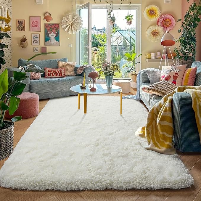 Amdrebio Ivory Area Rugs for Bedroom Living Room, 5x8 Soft Fluffy Modern Indoor Cute Carpet for Kids Room, Home Decor, Thick Fuzzy Rugs for Playroom Nursery Dorm Classroom, Cozy Furry Cream White Rug