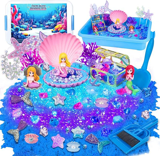 Mermaid Sensory Bin, Play Sand Art Kit with Sandbox & Accessories & Tools & Colorful Sea Shell Conch Starfish Gems Toys Set, Indoor Outdoor Pretend Play Beach Toy Birthday for Girls Boys 3 4 5 6 7 8