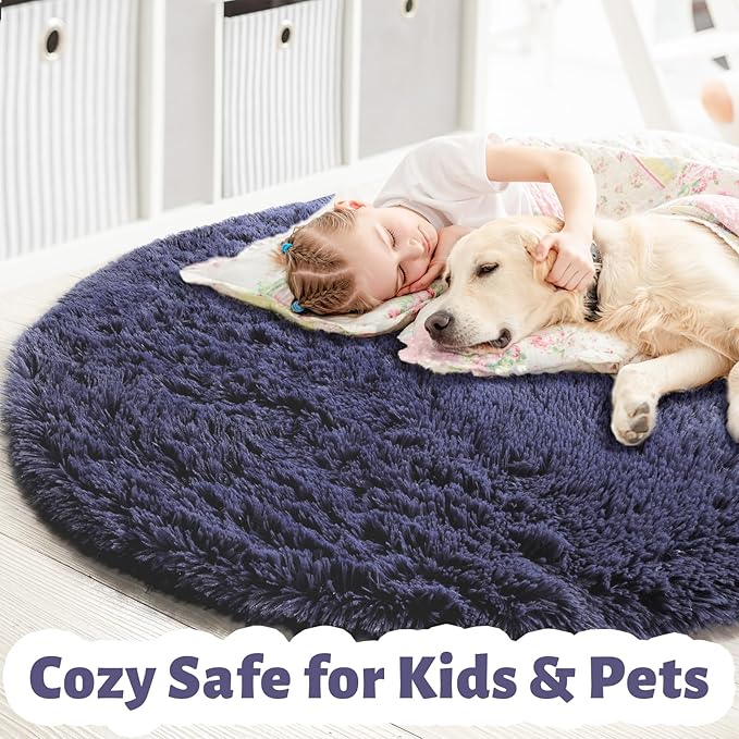Purple Gray Round Rugs 5Ft for Bedroom Decor Aesthetic, Fluffy Fuzzy Circle Area Rug for Teen Boys, Baby Kids Playroom, Shaggy Fur Carpet for Living Room, Home Office, Nursery, Preppy Dorm, Classroom