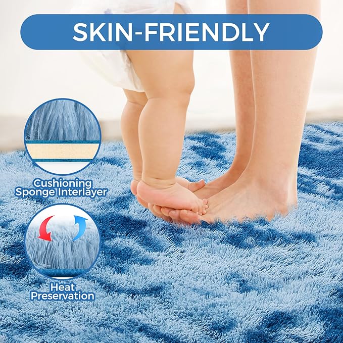 Ultra Soft Rug for Living Room, 4X6 Fluffy Shag Area Rug for Bedroom, Modern Shaggy Carpets Fuzzy Rug for Teens Dorm Nursery Home Decor Aesthetic, Upgrade Anti-Skid Durable, Tie-Dyed Blue Grey