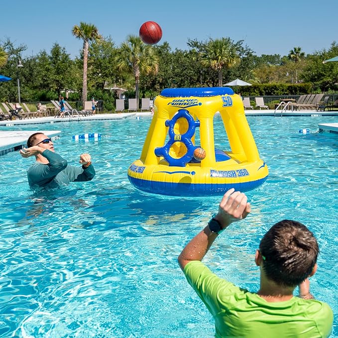 Wave Runner Inflatable Pool Basketball Hoop Set, Poolside Floating Basketball Game with Ball, Water Play and Trick Shots, GAINT Pool Toys and Floats for Swimming Pool Fun