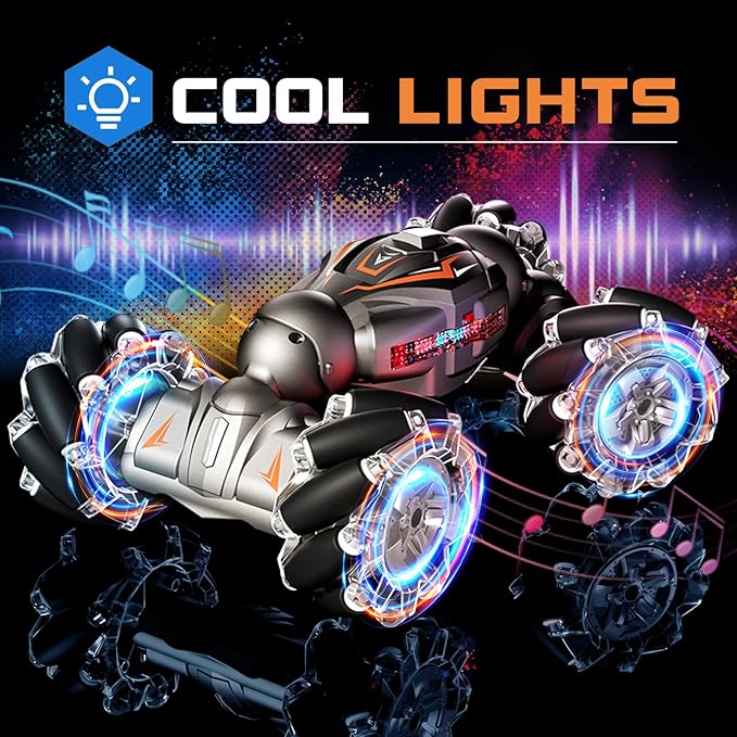 Deejoy 1:12 RC Stunt Car, 2.4GHz 4WD Remote Control Gesture Sensor Toy Cars, Double Sided Rotating Off Road Vehicle 360° Flips with Lights Music, for Boys & Girls Birthday（Black Silver）