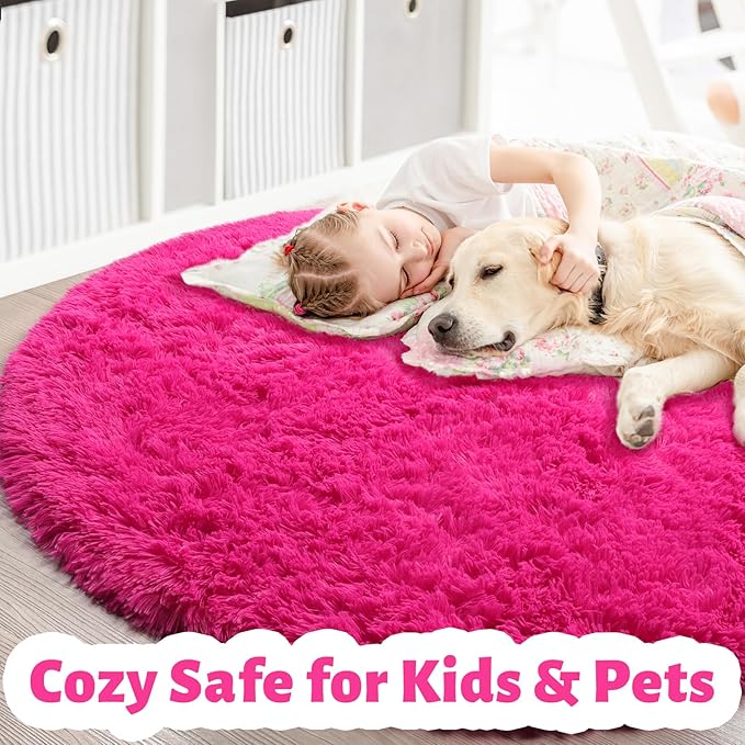 Hot Pink Round Rugs 5Ft for Girls Bedroom, Fluffy Circle Area Rug for Kids Room Decor Aesthetic, Shag Plush Fuzzy Furry Carpet for Living Room, Nursery, Dorm, Classroom, Teen, Cute Princess Baby Rug