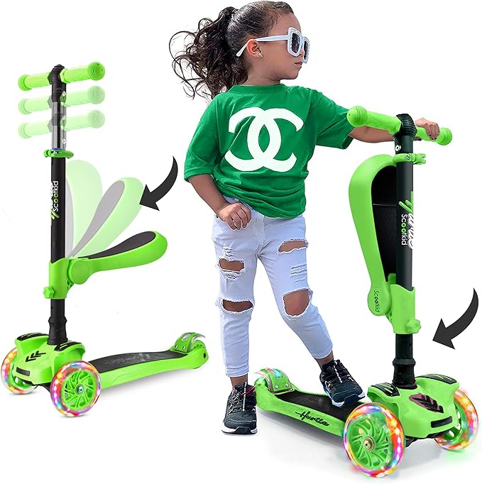 Hurtle 3-Wheeled Scooter for Kids - Wheel LED Lights, Adjustable Lean-to-Steer Handlebar, and Foldable Seat - Sit or Stand Ride with Brake for Boys and Girls Ages 1-14 Years Old