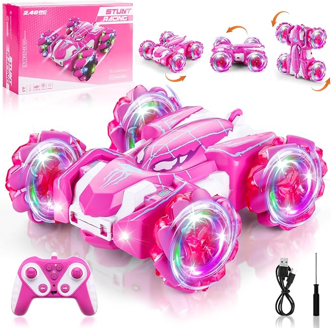 Spider Remote Control Car, 2.4Ghz Double Sided RC Cars with LED Light 360° Rotating 4WD Rechargeable RC Stunt Car Spider Toys for Boys 4-6 5-7 8-13 Girls Gifts Indoor Outdoor, Pink