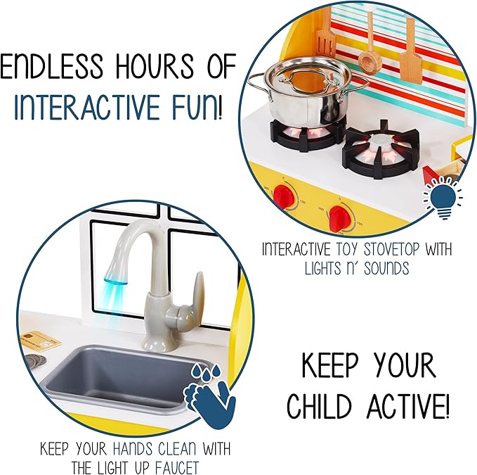 Lil' Jumbl Double-Sided Restaurant Playset for Kids, Wooden Pretend Diner Set, Kitchen Set with Cash Register, Burners, Faucet & Dispenser are Battery Operated and Make Realistic Sound & Light