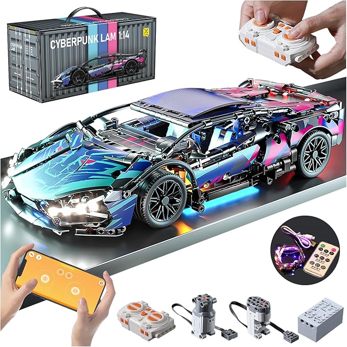 Sport Car Building Block Sets for Adults, Technical Remote Control APP Race Car with LED Lights,Collectible 1:14 Model Scale Engineering Toy Men Teens Boys Birthday Gift Age 8+ 8-12 12 13 14