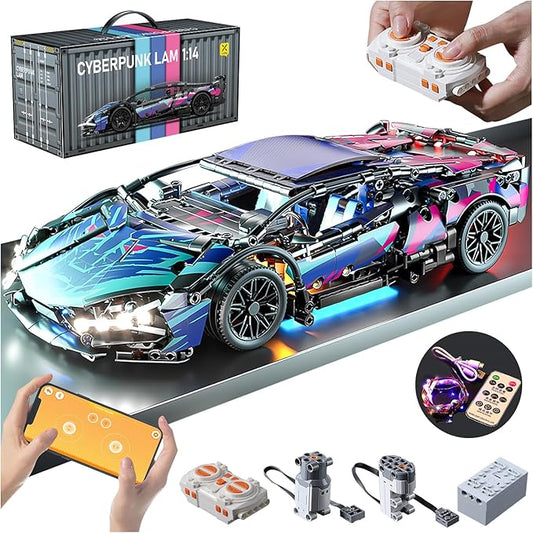Sport Car Building Block Sets for Adults, Technical Remote Control APP Race Car with LED Lights,Collectible 1:14 Model Scale Engineering Toy Men Teens Boys Birthday Gift Age 8+ 8-12 12 13 14