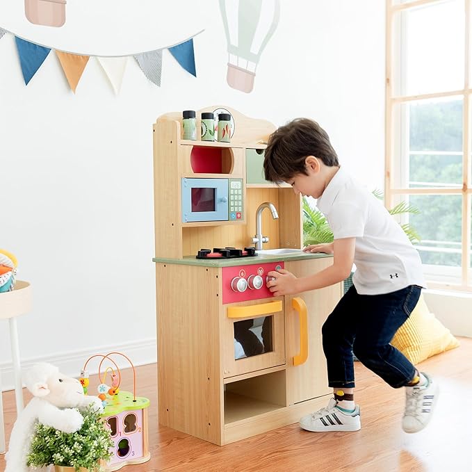 Teamson Kids Little Chef Florence Classic Interactive Wooden Play Kitchen with Accessories and Storage Space for Easy Clean Up, Wood Grain with Red and Yellow Accents