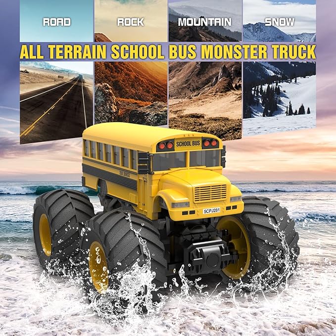 Remote Control Monster Truck - 1:18 Scale RC Fire Truck, 2.4GHz Big Wheel School Bus with Lights, Sounds, Rechargeable Electric Toy Stunt Jam Car for Kids, Boys, Girls (School Bus)