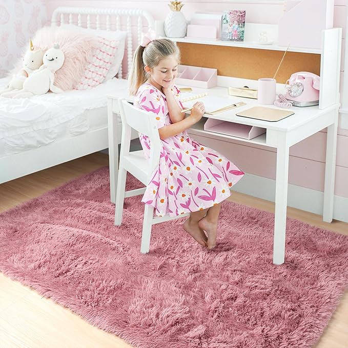 Amdrebio Blush Pink Kids Area Rugs for Girls Bedroom, 5x8 Shaggy Fuzzy Fluffy Kawaii Rugs for Living Room Playroom, Furry Plush Shag Floor Carpet for Nursery Dorm Classroom, Cute Dusty Rose Mauve Rug