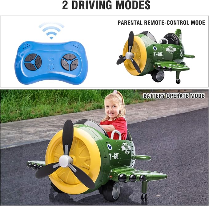 Electric Car for Kids Ride On Airplane Toy TOBBI Battery Powered 12V Kids' Electric Vehicle Rideable Airplane with Remote Control/Bombing Sound -Army Green