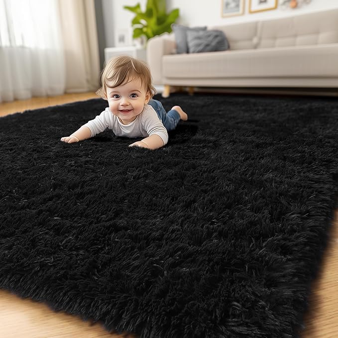 Amdrebio Black Fluffy Large Living Room Rugs,6x9 Rug,Furry Area Rug for Bedroom,Shag Rug for Kids Room,Plush Big Carpet for Living Room,Soft Shaggy Rug for Playroom,Modern Cool Rug for Men Boys