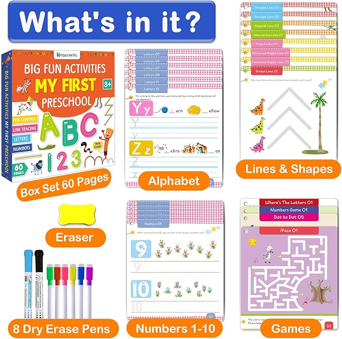 HOQEEWIPE Preschool Learning Activities Workbook - Fun Reusable 60 Pages Tracing Books for Kids Ages 3-5, Numbers, Letters, Fine Motor Skills Educational Learning Toys for Toddlers 2-4 Years Old