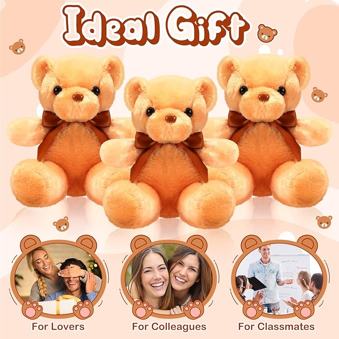HyDren 6 Pcs Bear Stuffed Animal Plush Toys Soft Plush Dolls Bear Sleeping and Playing Toys for Baby Shower Decoration Boy(Short Plush,Brown)