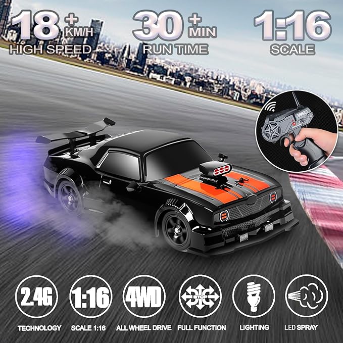 YUZ Remote Control Car RC Drift Car 1/16 Scale 4WD 18KM/H High Speed RC Car 2.4GHz with LED Lights Spray Racing Toy Car for Adults Boys Girls Kids Birthday 2Pcs Rechargeable Batteries, Black