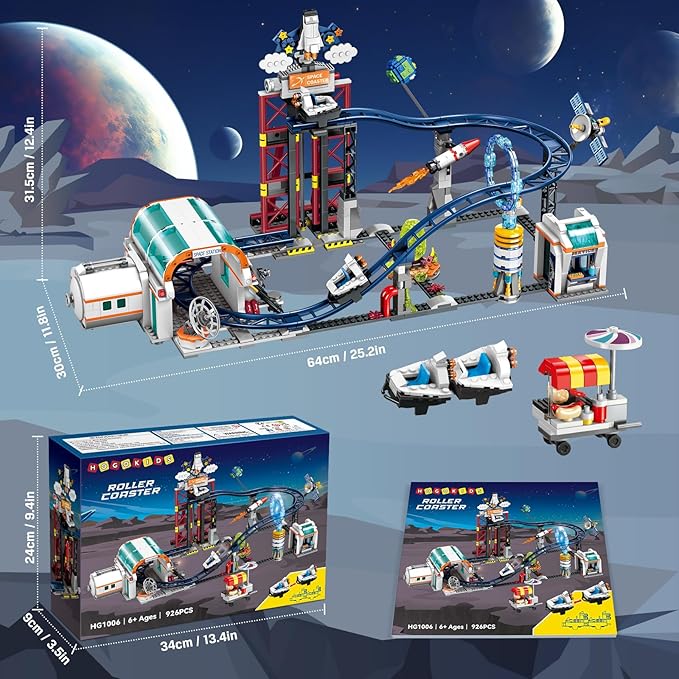 HOGOKIDS Space Roller Coaster Building Toy - 926PCS Coaster Building Set Features Lift Platform, Satellites, Rocket Buildable Space Rollercoaster Adventure Park for Adults Kids Girl Boy Ages 6-12 Year