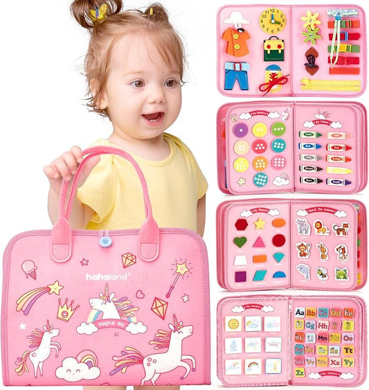 hahaland Busy Board - Montessori Toys for 2 Year Old Girl Birthday Gift, Preschool Learning Toy for 2 Year Olds, Educational Toddler Girls Car Airplane Travel Toys for Ages 2-4 One Two Year Old Gifts