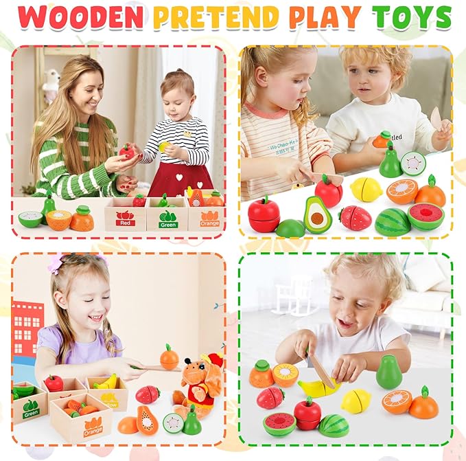 Wooden Play Food Set Toys for Toddlers 1-3, Kids Toy Play Kitchen Accessories, Velcro Cutting Fruits Pretend Food with Storage Boxes, Christmas Birthday Gifts for 1 2 3 Year Old Baby Boys Girls