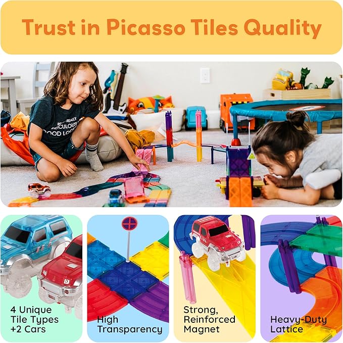 PicassoTiles Magnetic Race Track Toys Car Tracks Set for Toddlers Magnet Building Blocks Tiles Sensory Toys for Kids Include 2 Trucks STEM Engage in Thrilling Races Age 3+ Year Old Boys Girls