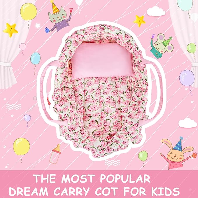 Doll Carry Cot Set, Sweet Dreams Soft Bassinet Doll Carrier Includes 1 Cot and 1 Pillow, Pink Flower Doll Bassinet, Fits for 16 Inch American Girl Dolls