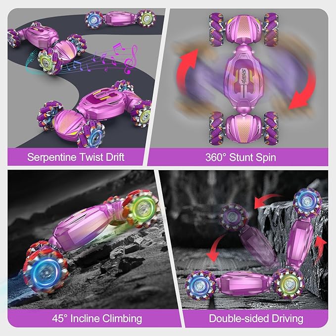 Gesture Sensing RC Stunt Car, Boys Girls Ages 6-12 Birthday Gift Ideas, 4WD Transform Off Road for Rotating Hand-Controlled 2.4Ghz Remote Control Twist Cars with Lights and Music Purple