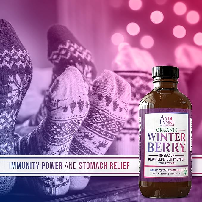 Andi Lynn's Winterberry Black Elderberry Syrup - Includes Black Elderberries, Cinnamon, Ginger, Honey & Lemon - Immune Support for Whole Family - Organic & Great Tasting Syrup 4oz