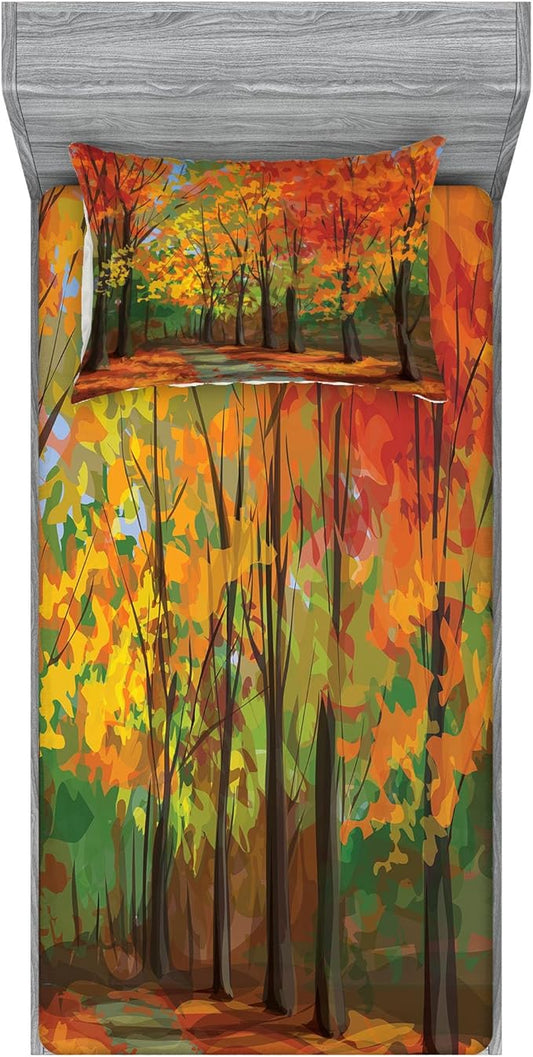 Ambesonne Rustic Fitted Sheet & Pillow Sham Set, North Woods Falling Leaves Fall Park Road Autumn Leaves Seasonal Colors Romantic, Decorative Printed 2 Piece Bedding Decor Set, Twin, Orange and Green