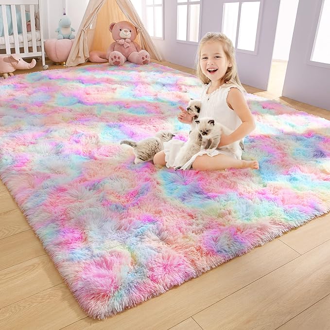 AROGAN Soft Rainbow Area Rugs for Girls Room 4x6 Feet, Fluffy Girls Bedroom Rugs, Princess Rug, Cute Colorful Carpet for Kids Teens Nursery Toddler, Pink