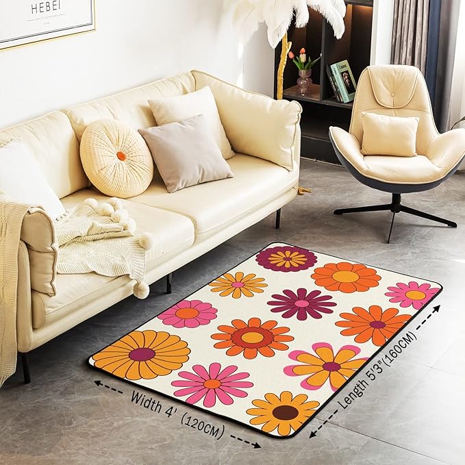 Colorful Groovy Flowers Area Rug 4x5 60S 70S Hippie Rug Cute Aesthetic Floral Carpet for Kids Girls Teen Women Multicolored Botanical Kawaii Decorative Non Shedding Decorative Rug