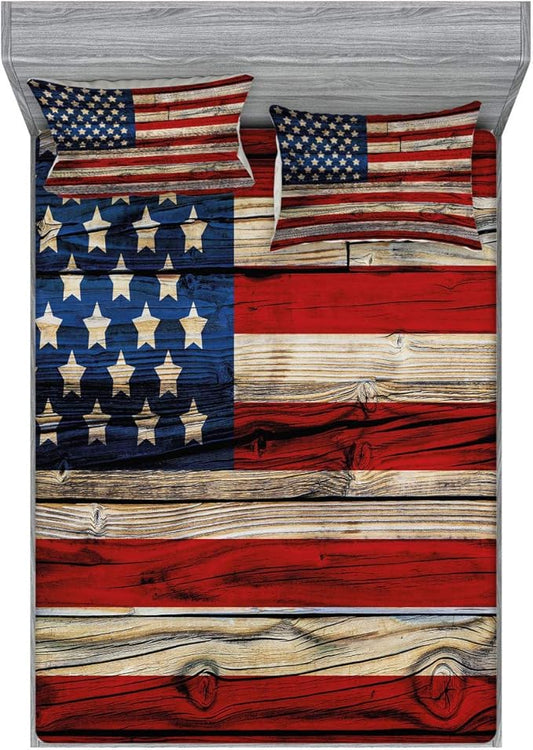 Ambesonne 4th of July Fitted Sheet & Pillow Sham Set, Wooden Planks Painted as United States Flag Patriotic Country Style, Decorative Printed 3 Piece Bedding Decor Set, Calking, Red Beige Navy Blue