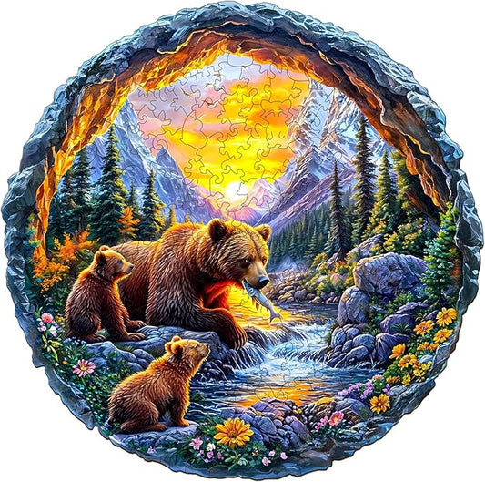 KAAYEE Wooden Puzzles for Adults 200 Pieces Visual 3D Bear Family Wooden Jigsaw Puzzles for Adults Animal Wood Puzzle Gifts for Mom Mother's Day Adult Kids Bear Puzzle(11.4 * 11.4in)