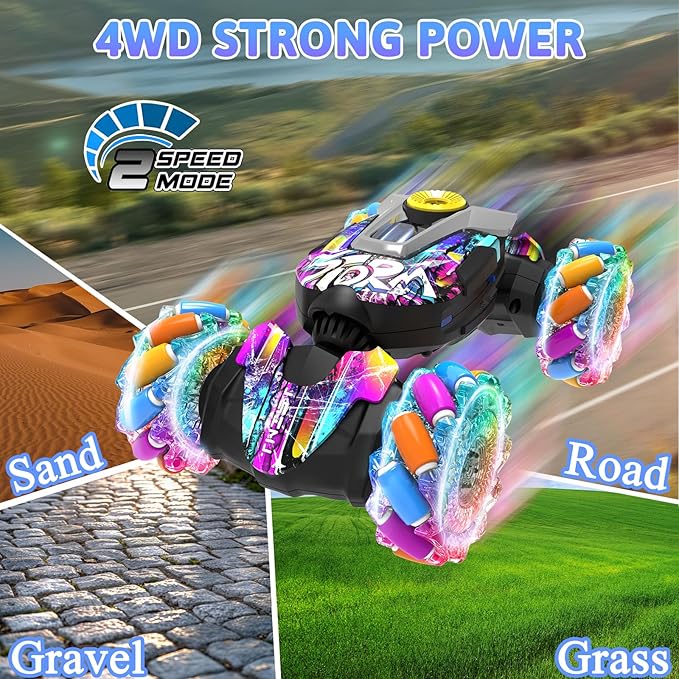 Gesture Sensing RC Stunt Car, 2.4G Remote Control Car Toys for Boys Ages 4-7 8-12, 4WD RC Drift Cars with Lights Music Spray, 360° Spins All Terrains Kids Toy Birthday Gift for 3-12 Year Old Kids