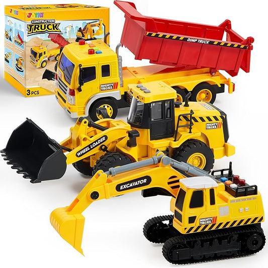 JOYIN 3 Pack Construction Toy - Excavator, Dump Truck and Loader, Moveable Claw & Lifting Back, Construction Truck Toy, Christmas Borthday Gift for Toddler Boys Kids