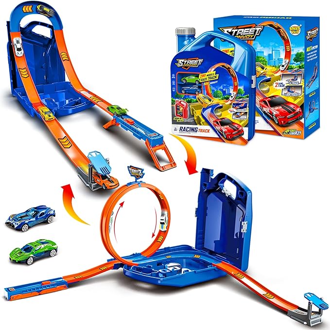 Race Track Toy Car Set with 2 Race Cars,2 in 1 Magic Tracks Style with Storage Box,Changeable Tracks Toys Birthday Gifts for Kids 3 4 5 6 7 8+Year Old Boys Girls (Blue)