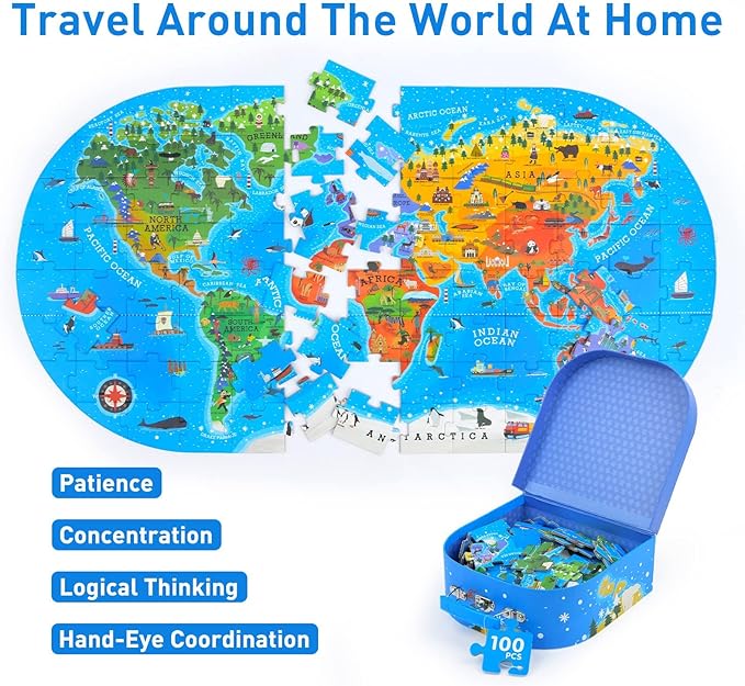Mideer Floor Puzzle for Kids 4-8, 100 Piece World Map Jigsaw Puzzle with Continents, Geography Educational Toys for Boys and Girls, Globe Atlas Puzzle Maps Preschool Learning Game for Kids Ages 4-6
