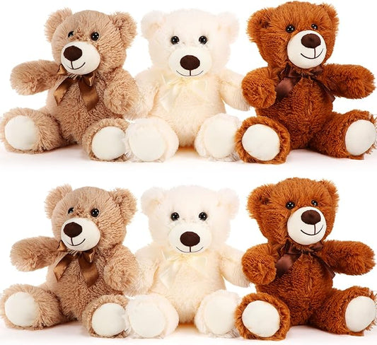 HyDren 6 Pcs Bear Stuffed Animal Plush Toys Soft Plush Dolls Bear Sleeping and Playing Toys for Baby Shower Decoration Boy(Long Plush,White, Brown, Beige)