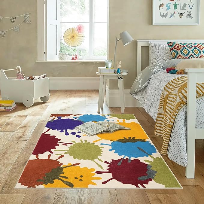STARUIA Art Bedroom Rug, 4'x6' Machine Washable Kids Rug for Playroom, Paint Splash Rainbow Area Rug for Classroom, Soft Colorful Living Room Rug Throw Play Mat for Nursery Office Preschool
