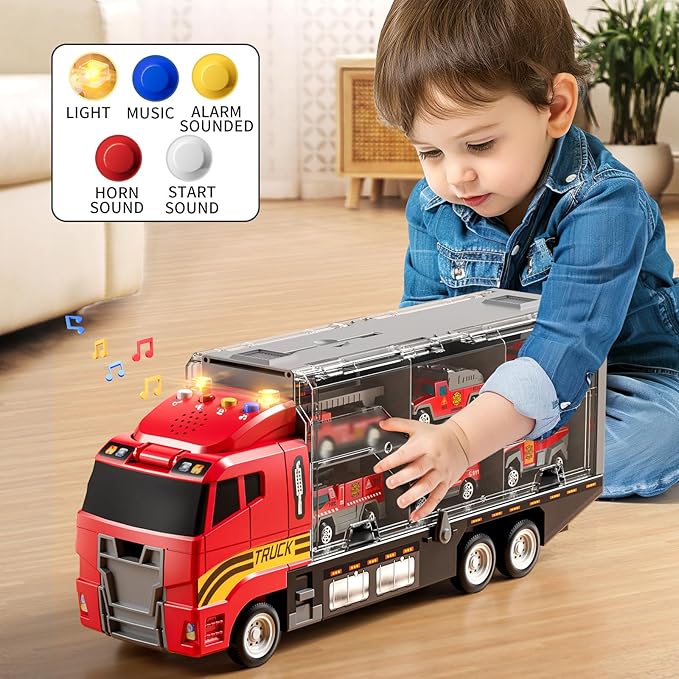 Toddler Boys Toys for 3-5 Years Old, Fire Truck Vehicle Toy Set with Play Mat, Die-Cast Toy Car Carrier Truck for Boys Kids, Birthday Gifts Toys for 3-8+ Year Old Boys