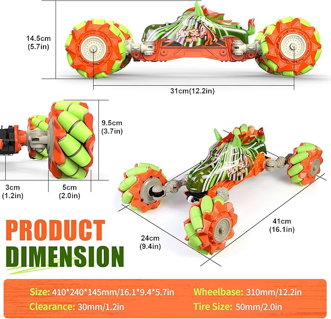 1:14 Rc Cars for Boys Age 8-12, 360° Rotating Crawler 4WD 2.4GHz Rc Stunt Drift Car DIY 100+ Poses with 4 Mecanum Wheel and LED Light Kids Toys Adults